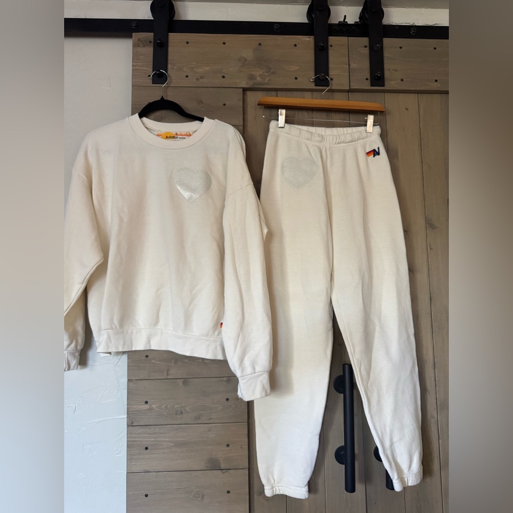 Aviator Nation vintage white glitter heart sweatshirt & pants SET NWOT small/xs